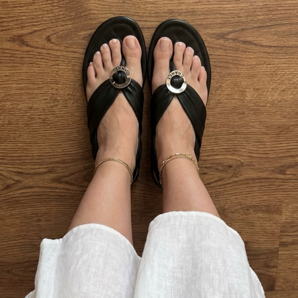 CHANEL Black Leather Thong Slingback Sandals with Silver Logo Ring 38 - Picture 1 of 11